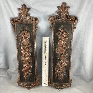 Pair Vtg Ornate Fruit & Floral 20" Wall Plaque 1971 Coppercraft Guild (Plastic)